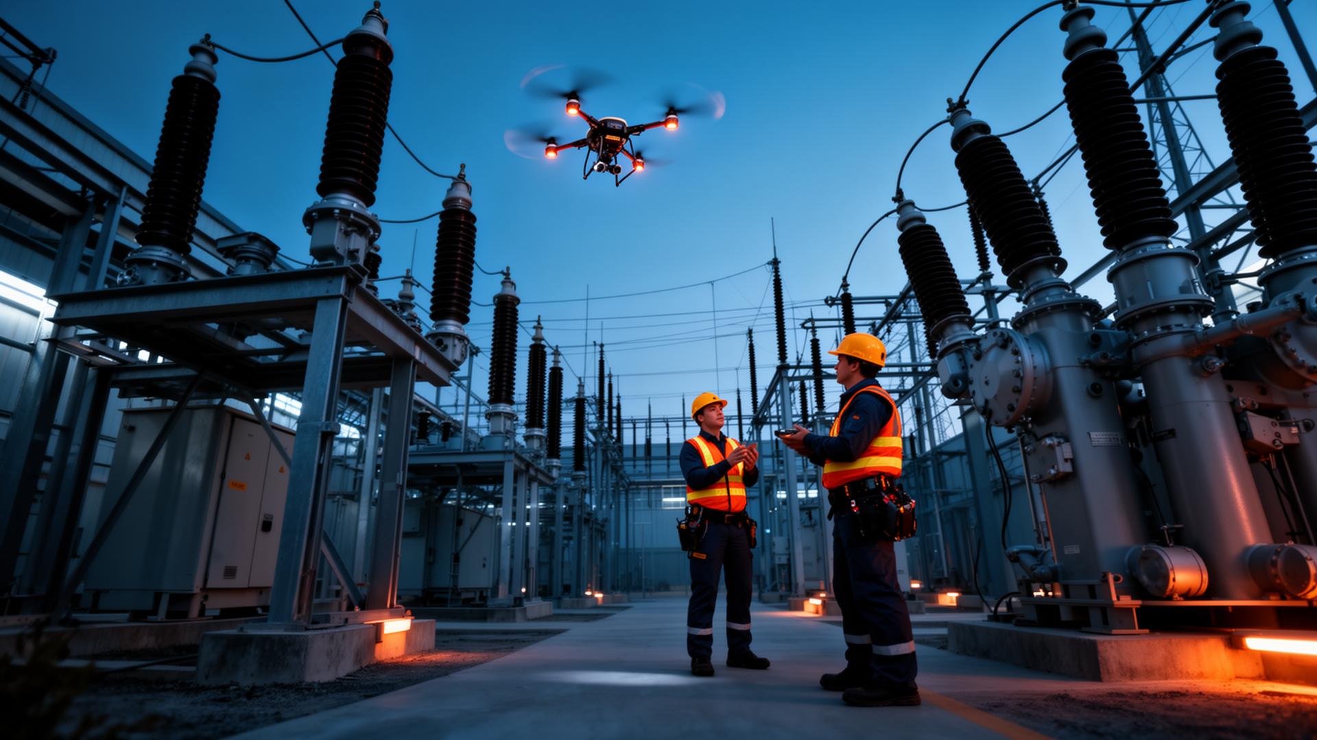 Engenheiros realizando inspeção industrial com drone